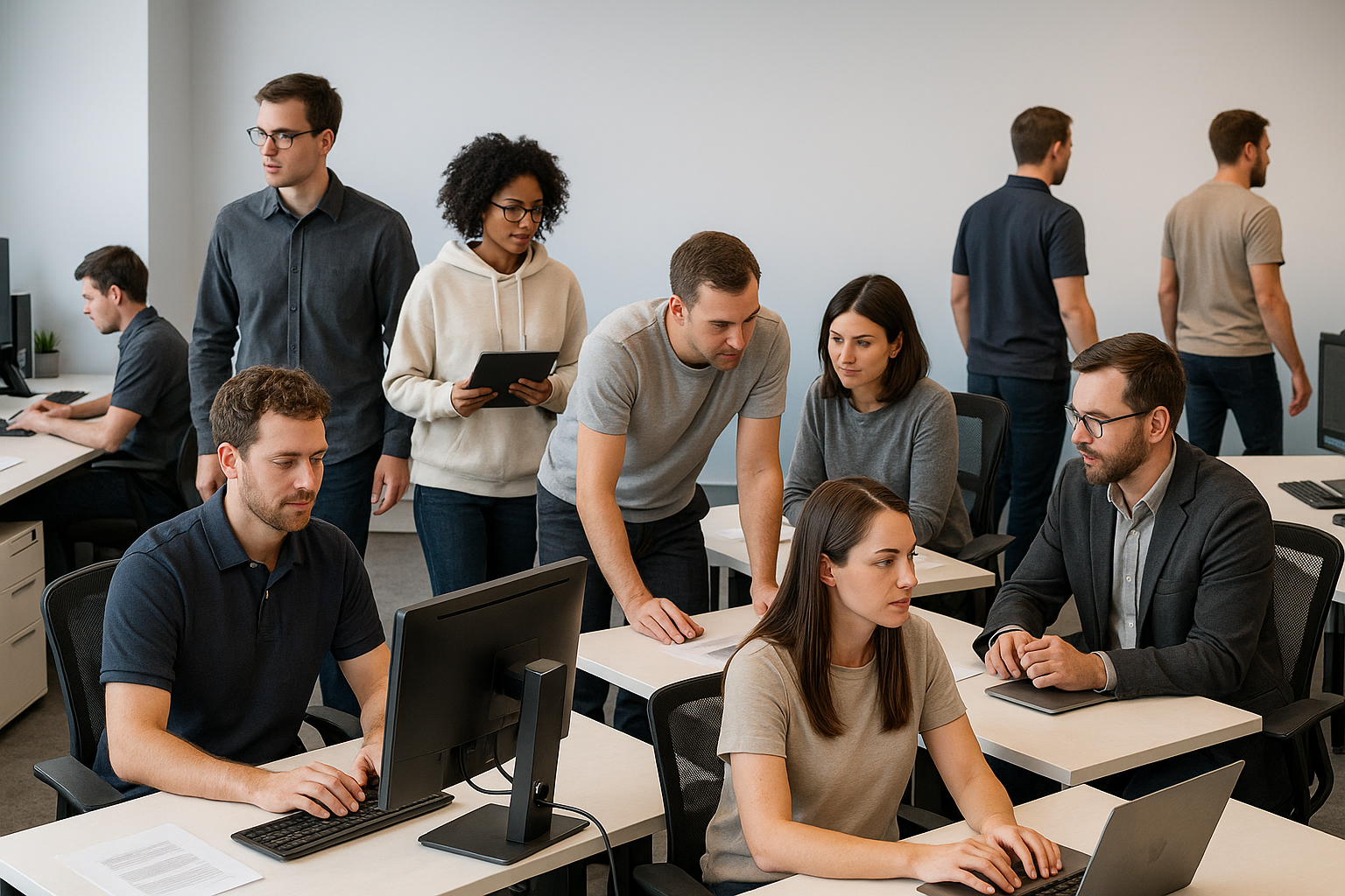 generate image of wearing neutral color scheme dress code like , t- shirts, polo, jackets, denim pants, hoodies with gradient background in busy office work environment